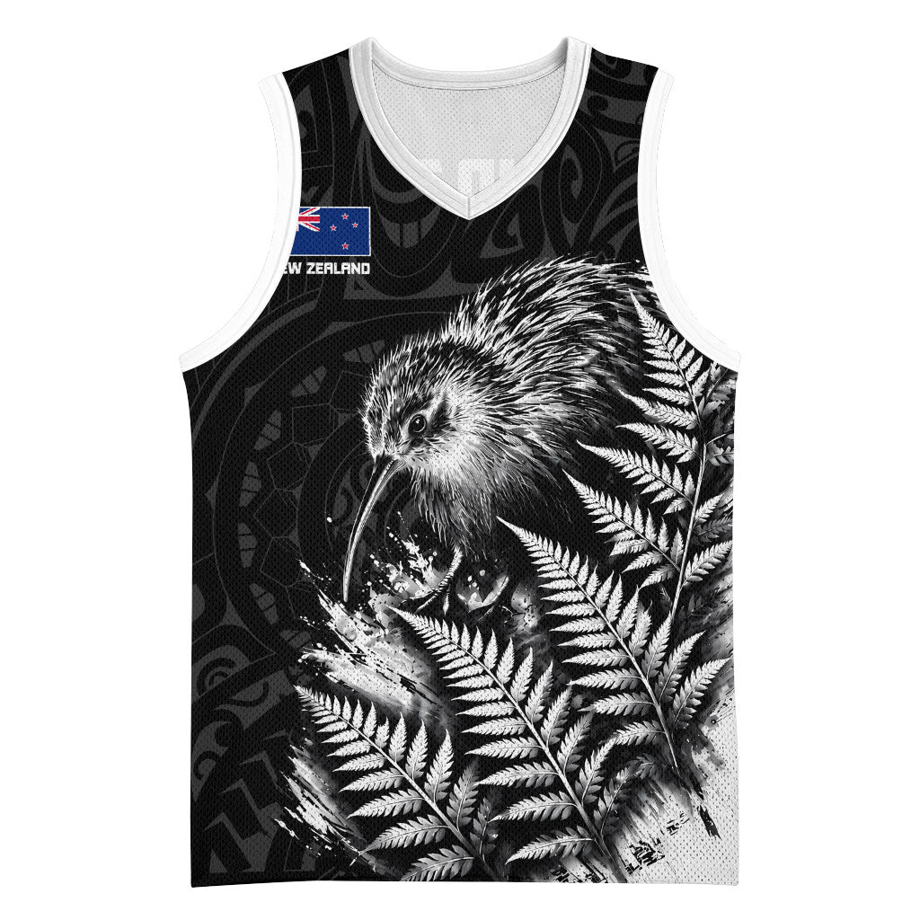 Personalized New Zealand Kiwi Bird Basketball Jersey Grunge Maori Tribal Pattern Silver Fern TS04 Unisex Black White - Polynesian Pride