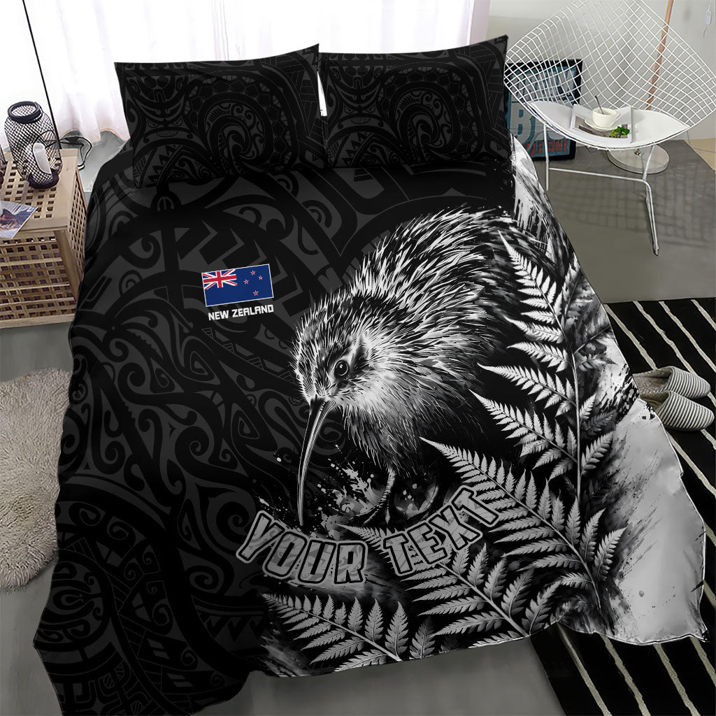Personalized New Zealand Kiwi Bird Bedding Set Grunge Maori Tribal Pattern Silver Fern