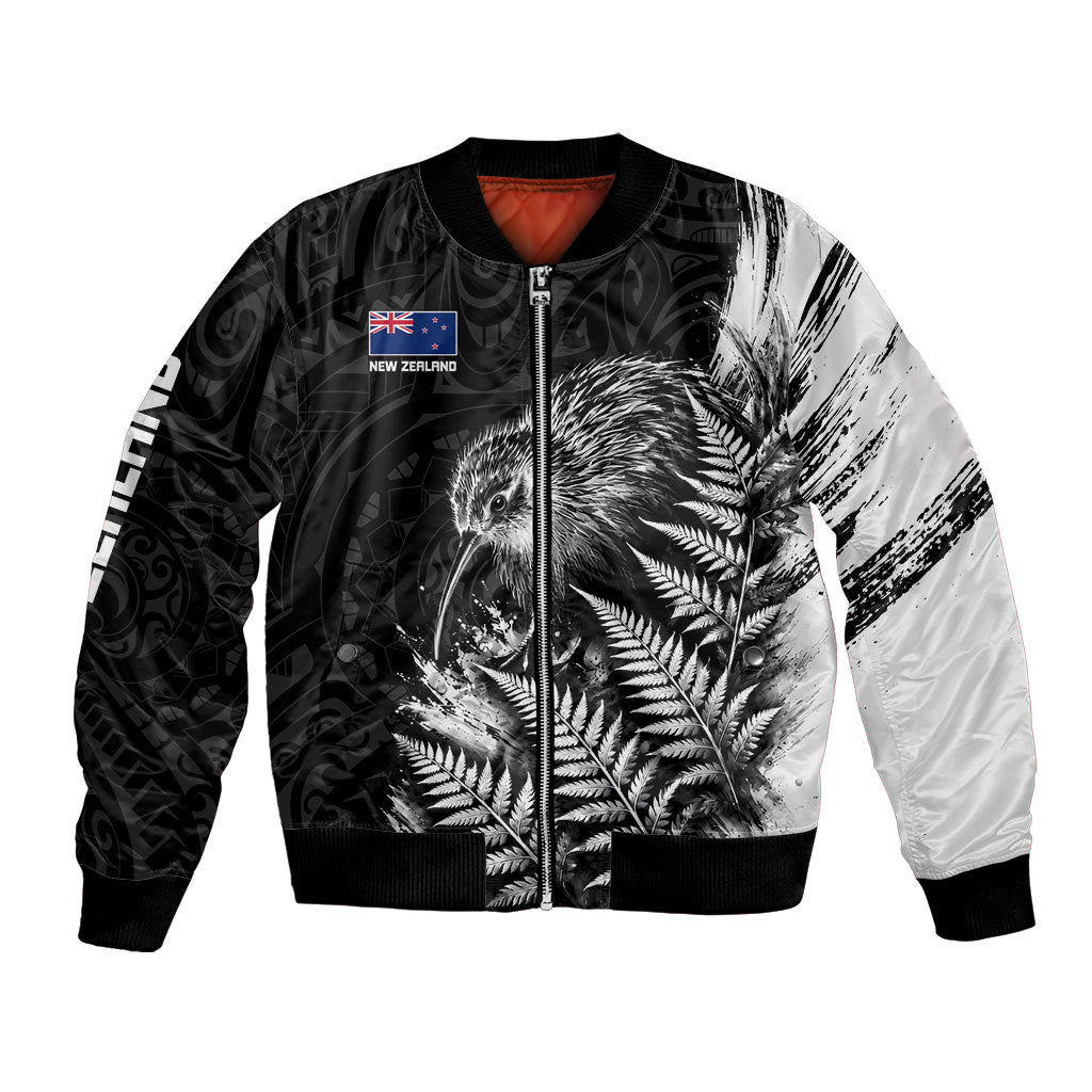 Personalized New Zealand Kiwi Bird Bomber Jacket Grunge Maori Tribal Pattern Silver Fern TS04 Unisex Black White - Polynesian Pride