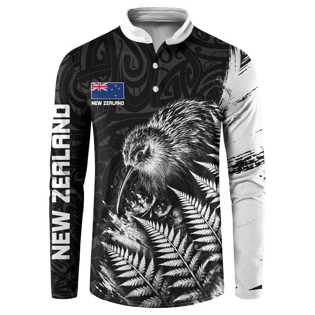 Personalized New Zealand Kiwi Bird Button Sweatshirt Grunge Maori Tribal Pattern Silver Fern TS04 Black White - Polynesian Pride