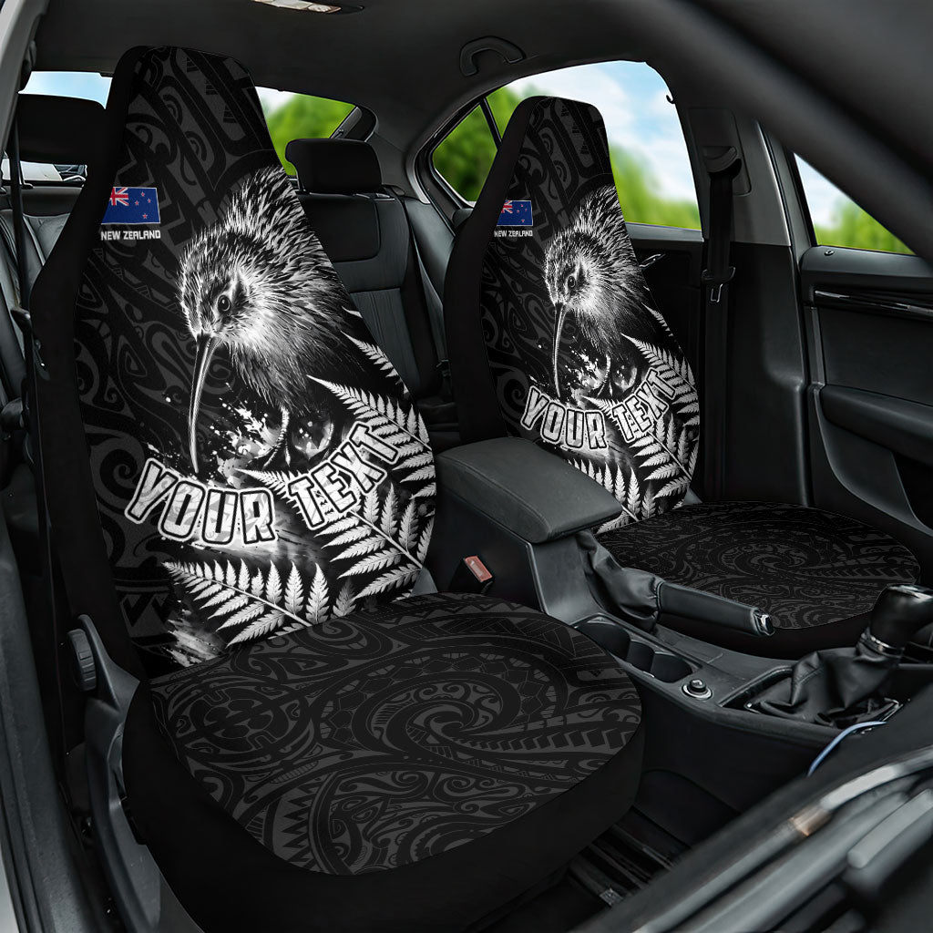 Personalized New Zealand Kiwi Bird Car Seat Cover Grunge Maori Tribal Pattern Silver Fern TS04 One Size Black White - Polynesian Pride
