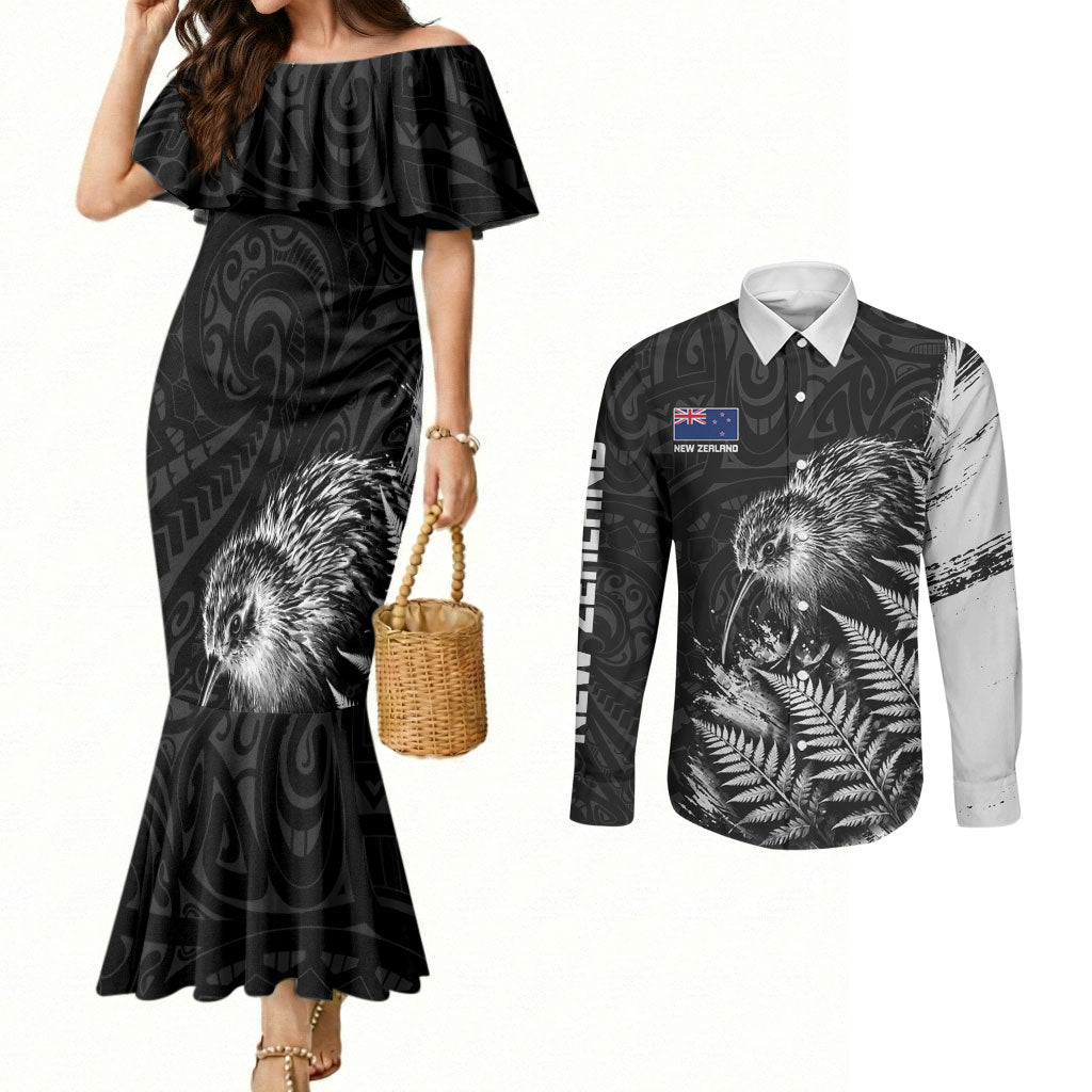 Personalized New Zealand Kiwi Bird Couples Matching Mermaid Dress and Long Sleeve Button Shirt Grunge Maori Tribal Pattern Silver Fern TS04 Black White - Polynesian Pride