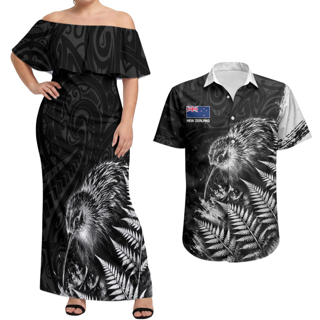Personalized New Zealand Kiwi Bird Couples Matching Off Shoulder Maxi Dress and Hawaiian Shirt Grunge Maori Tribal Pattern Silver Fern