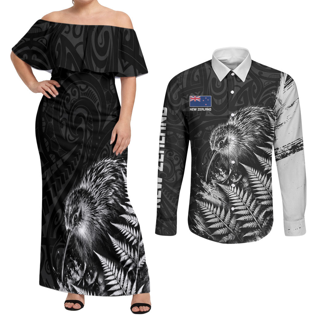 Personalized New Zealand Kiwi Bird Couples Matching Off Shoulder Maxi Dress and Long Sleeve Button Shirt Grunge Maori Tribal Pattern Silver Fern TS04 Black White - Polynesian Pride