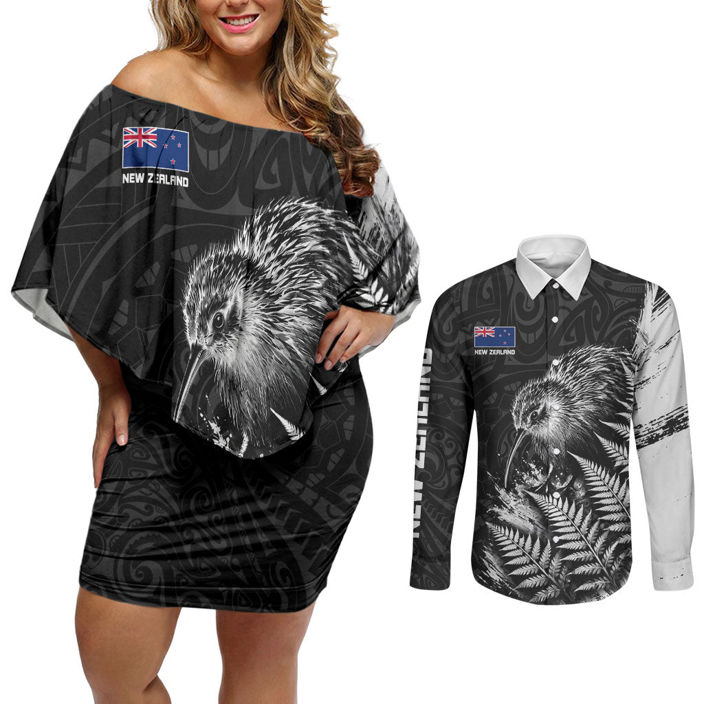 Personalized New Zealand Kiwi Bird Couples Matching Off Shoulder Short Dress and Long Sleeve Button Shirt Grunge Maori Tribal Pattern Silver Fern TS04 Black White - Polynesian Pride
