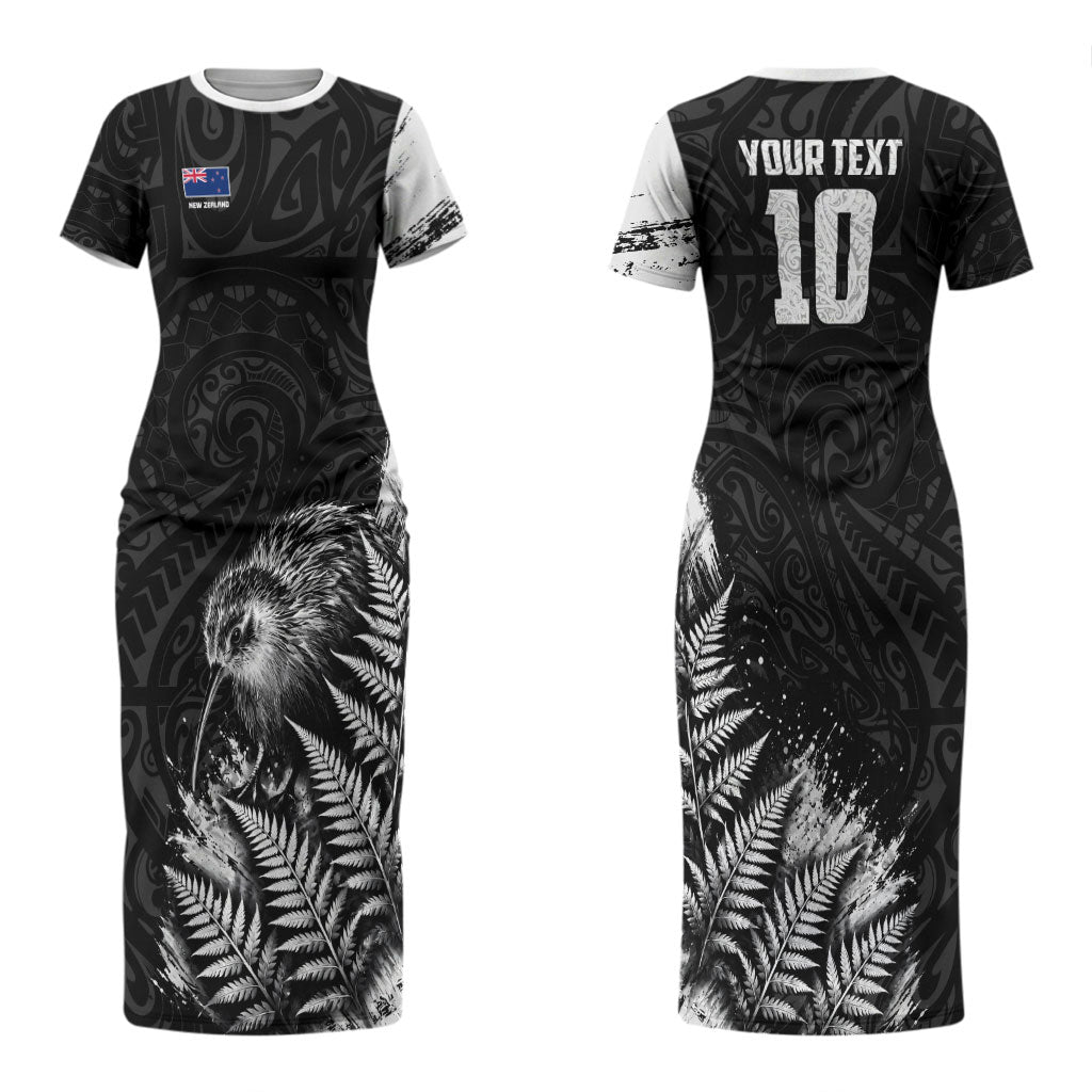 Personalized New Zealand Kiwi Bird Couples Matching Short Sleeve Bodycon Dress and Long Sleeve Button Shirt Grunge Maori Tribal Pattern Silver Fern