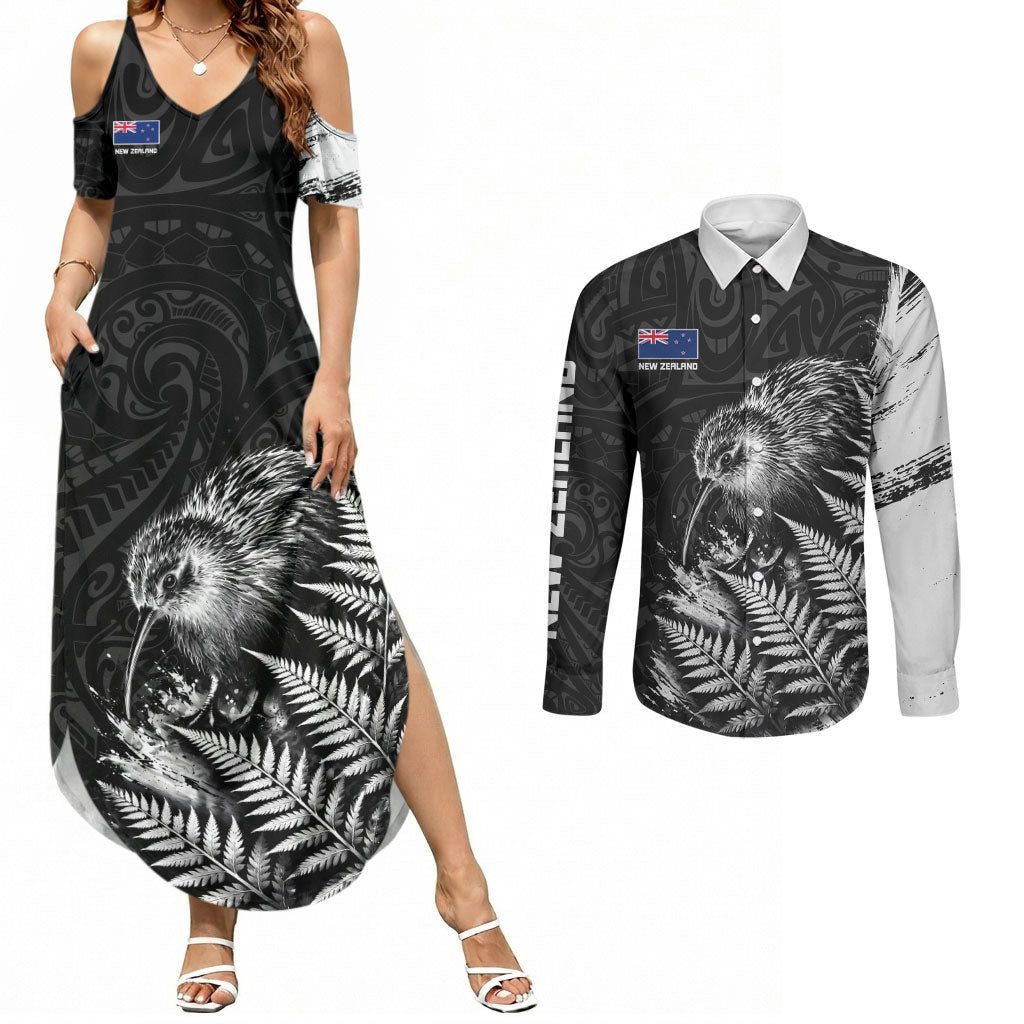 Personalized New Zealand Kiwi Bird Couples Matching Summer Maxi Dress and Long Sleeve Button Shirt Grunge Maori Tribal Pattern Silver Fern TS04 Black White - Polynesian Pride