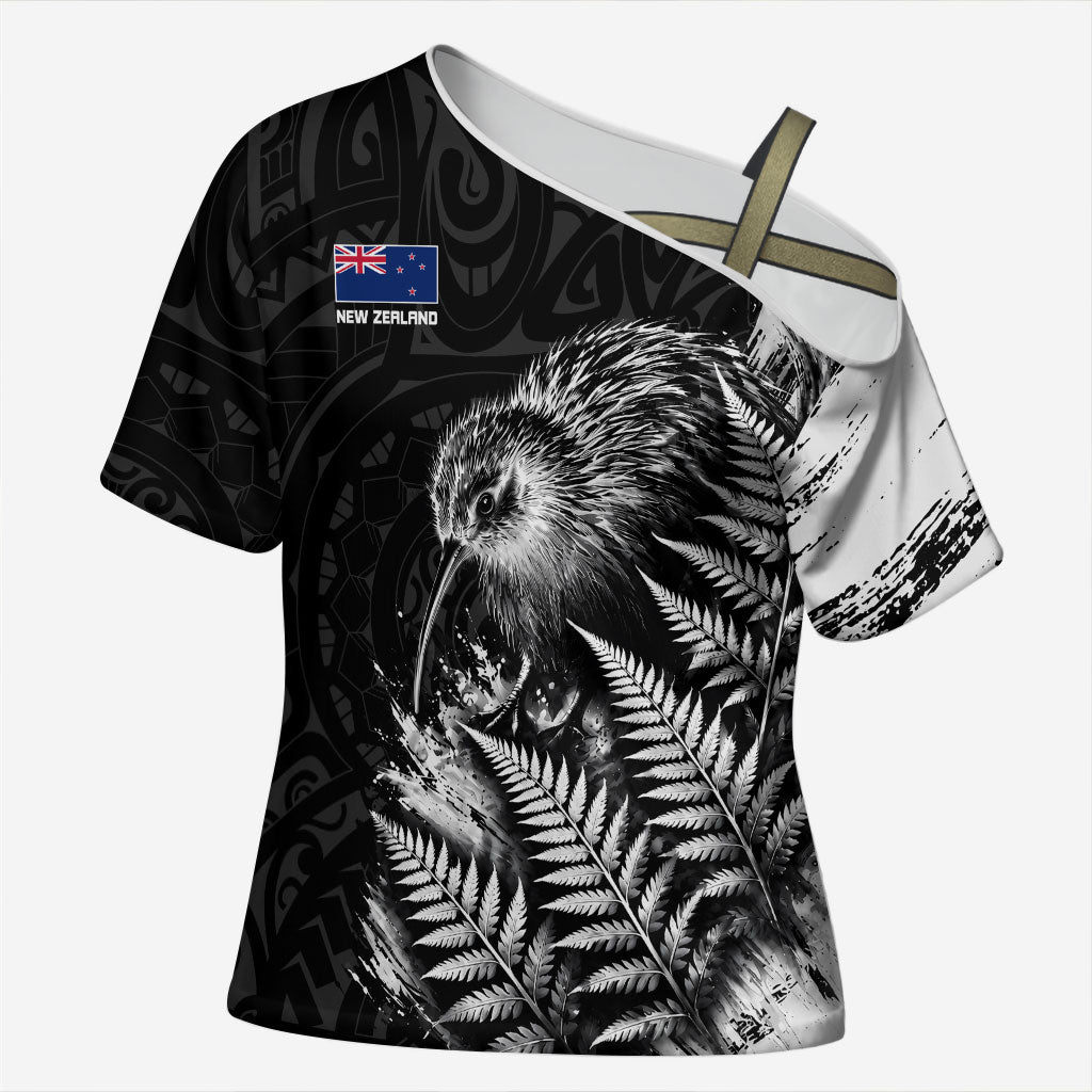 Personalized New Zealand Kiwi Bird Cross Shoulder Shirt Grunge Maori Tribal Pattern Silver Fern TS04 Female Black White - Polynesian Pride