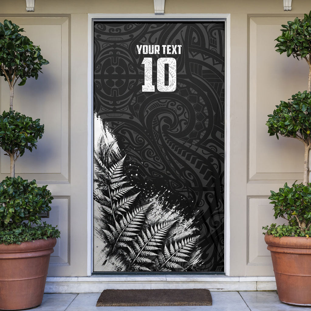 Personalized New Zealand Kiwi Bird Door Cover Grunge Maori Tribal Pattern Silver Fern TS04 Black White - Polynesian Pride