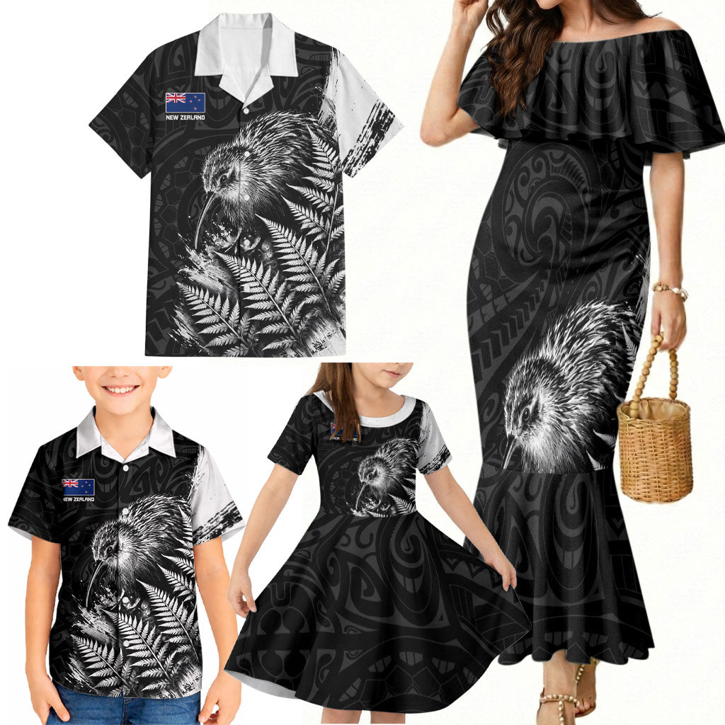 Personalized New Zealand Kiwi Bird Family Matching Mermaid Dress and Hawaiian Shirt Grunge Maori Tribal Pattern Silver Fern