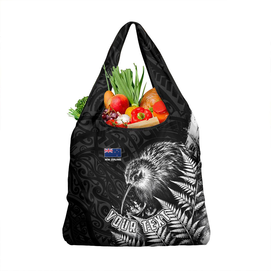 Personalized New Zealand Kiwi Bird Grocery Bag Grunge Maori Tribal Pattern Silver Fern TS04 1-pack One Size Black White - Polynesian Pride