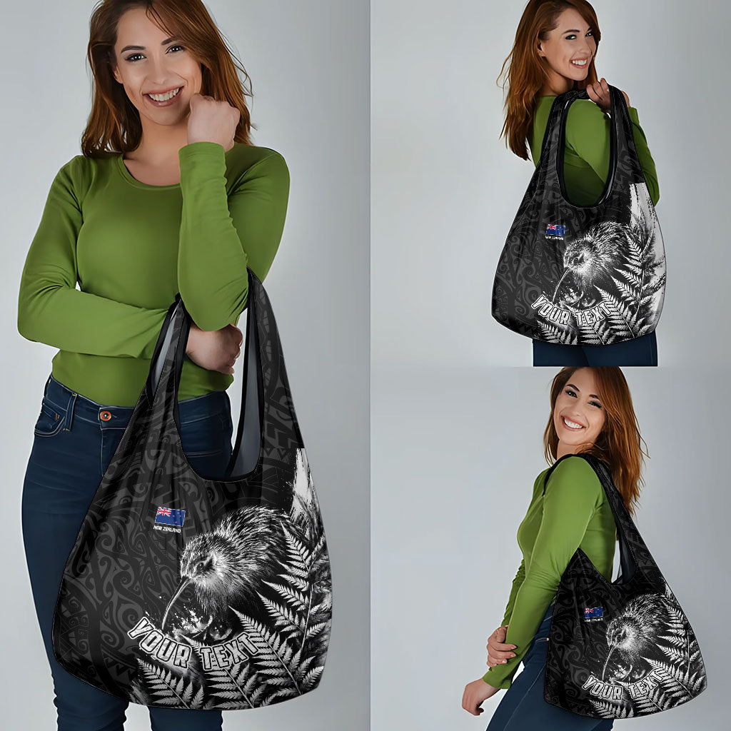 Personalized New Zealand Kiwi Bird Grocery Bag Grunge Maori Tribal Pattern Silver Fern