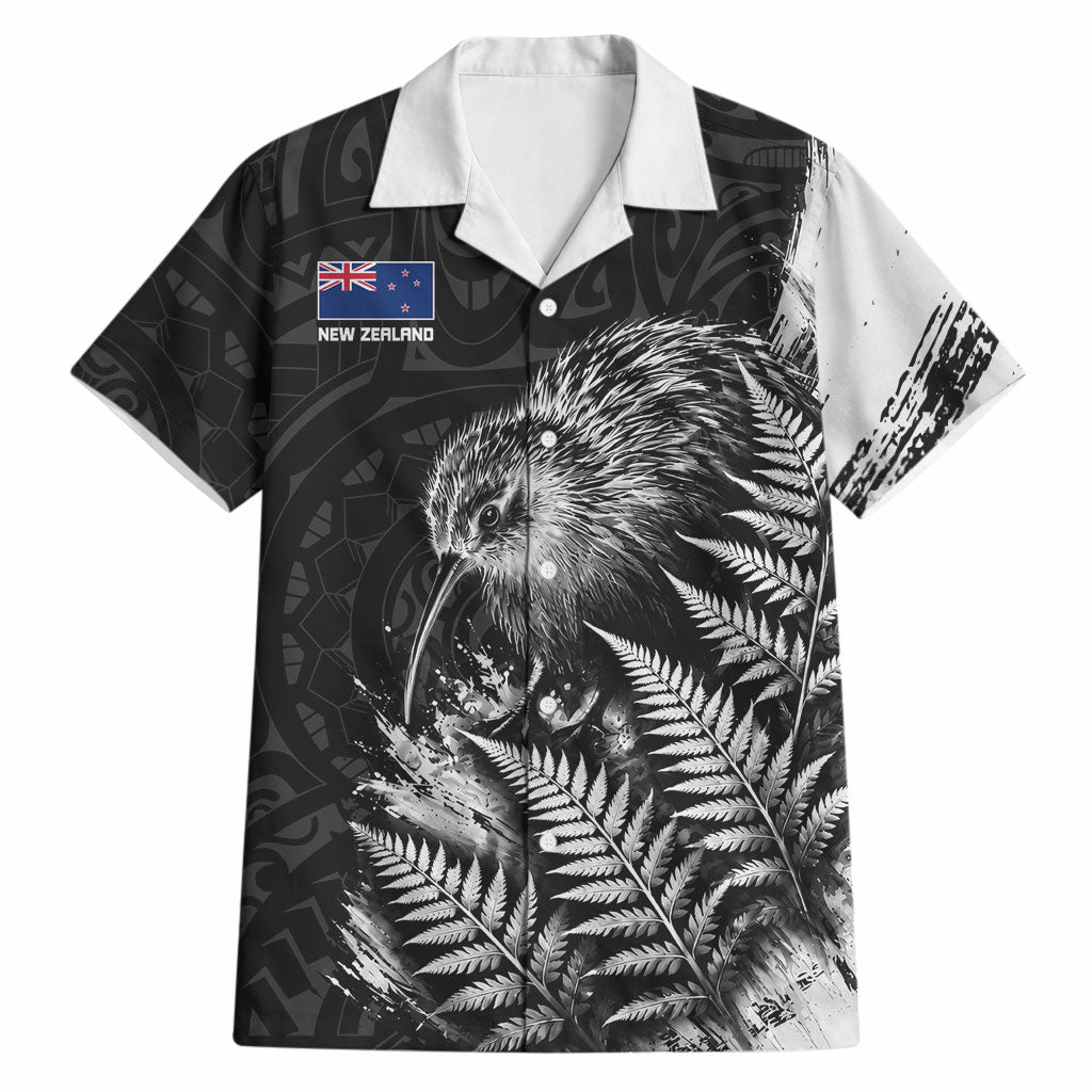 Personalized New Zealand Kiwi Bird Hawaiian Shirt Grunge Maori Tribal Pattern Silver Fern TS04 Black White - Polynesian Pride