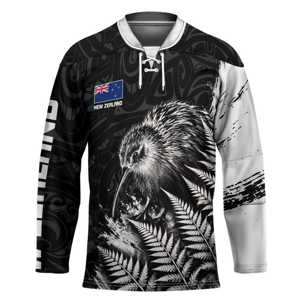 Personalized New Zealand Kiwi Bird Hockey Jersey Grunge Maori Tribal Pattern Silver Fern TS04 Unisex Black White - Polynesian Pride