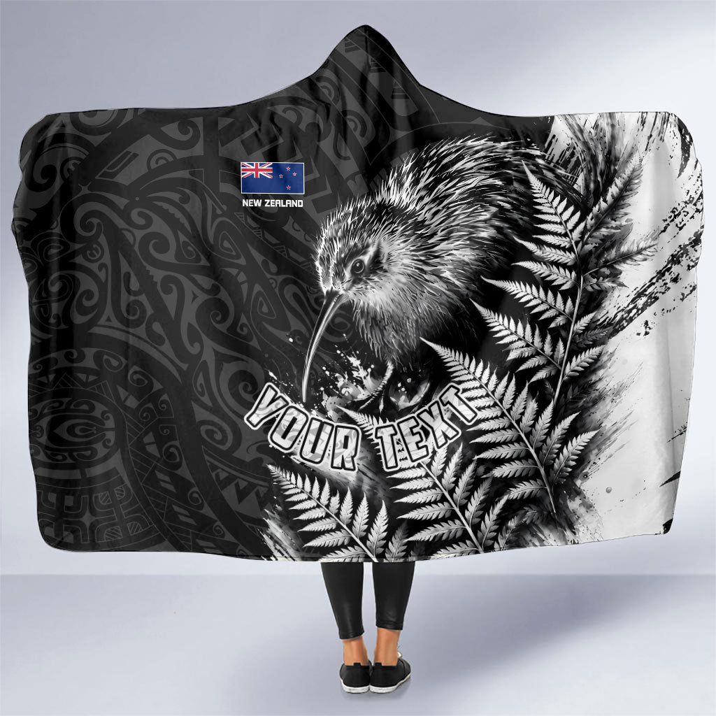 Personalized New Zealand Kiwi Bird Hooded Blanket Grunge Maori Tribal Pattern Silver Fern TS04 One Size Black White - Polynesian Pride