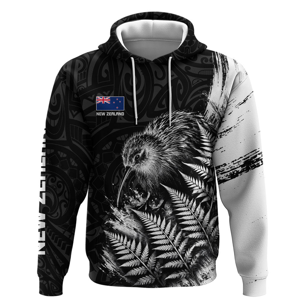 Personalized New Zealand Kiwi Bird Hoodie Grunge Maori Tribal Pattern Silver Fern TS04 Pullover Hoodie Black White - Polynesian Pride