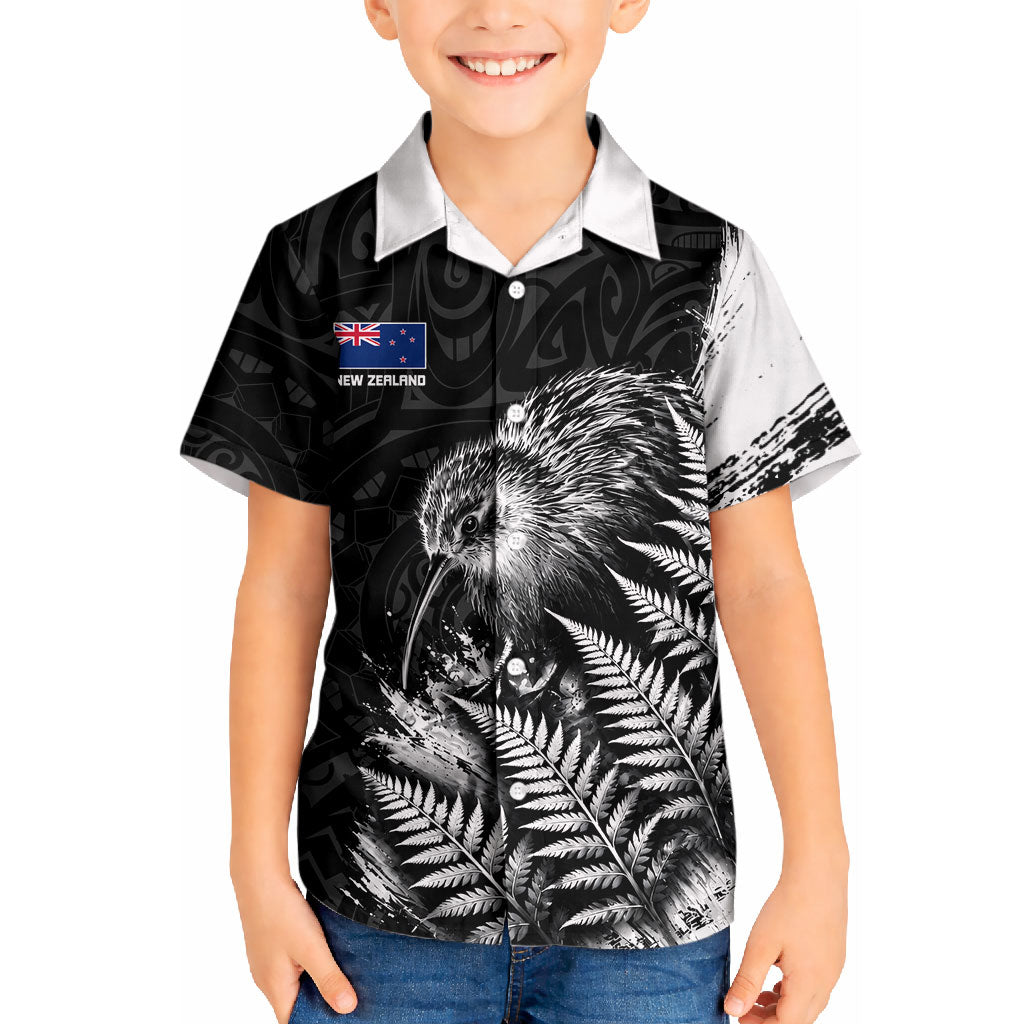 Personalized New Zealand Kiwi Bird Kid Hawaiian Shirt Grunge Maori Tribal Pattern Silver Fern TS04 Kid Black White - Polynesian Pride