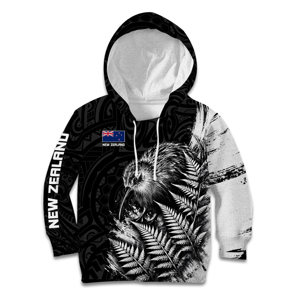 Personalized New Zealand Kiwi Bird Kid Hoodie Grunge Maori Tribal Pattern Silver Fern TS04 Hoodie Black White - Polynesian Pride