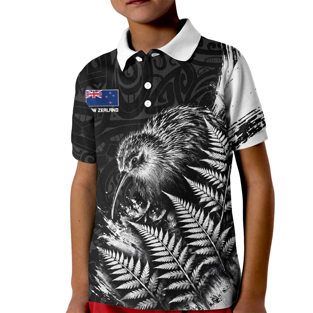 Personalized New Zealand Kiwi Bird Kid Polo Shirt Grunge Maori Tribal Pattern Silver Fern TS04 Kid Black White - Polynesian Pride
