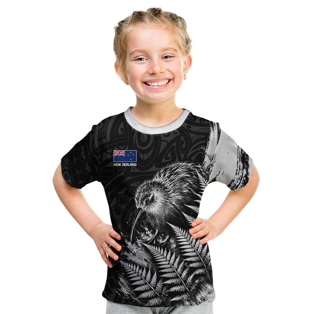 Personalized New Zealand Kiwi Bird Kid T Shirt Grunge Maori Tribal Pattern Silver Fern TS04 Black White - Polynesian Pride