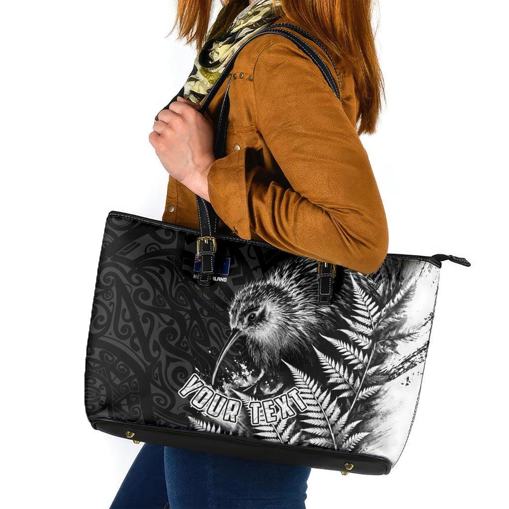 Personalized New Zealand Kiwi Bird Leather Tote Bag Grunge Maori Tribal Pattern Silver Fern TS04 Black White - Polynesian Pride