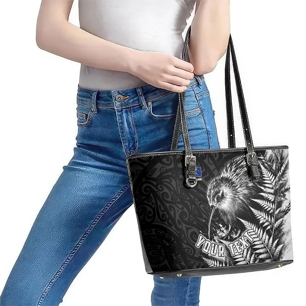 Personalized New Zealand Kiwi Bird Leather Tote Bag Grunge Maori Tribal Pattern Silver Fern