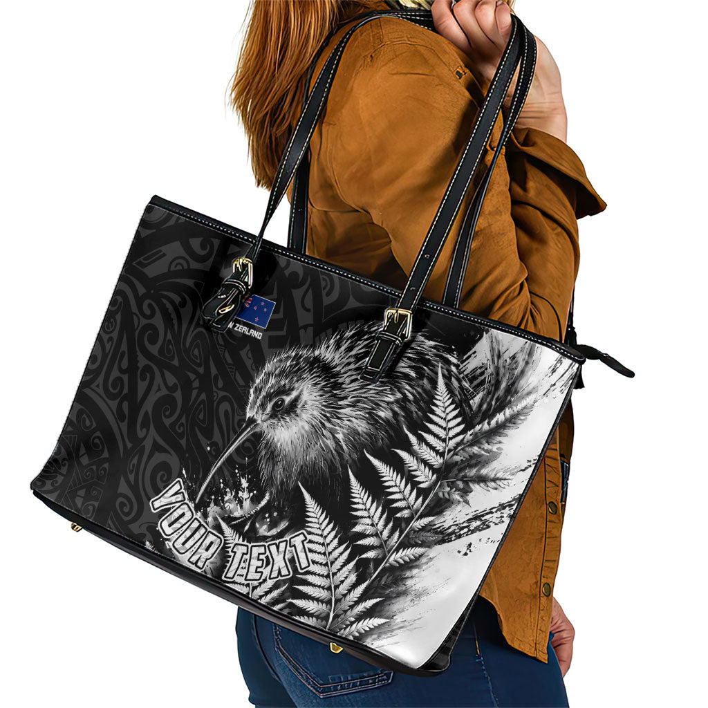 Personalized New Zealand Kiwi Bird Leather Tote Bag Grunge Maori Tribal Pattern Silver Fern