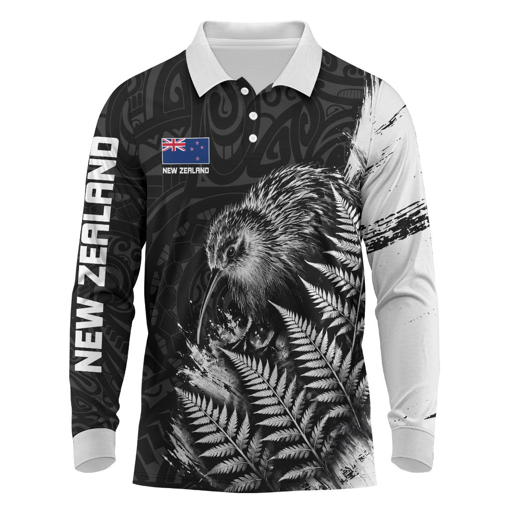 Personalized New Zealand Kiwi Bird Long Sleeve Polo Shirt Grunge Maori Tribal Pattern Silver Fern TS04 Black White - Polynesian Pride