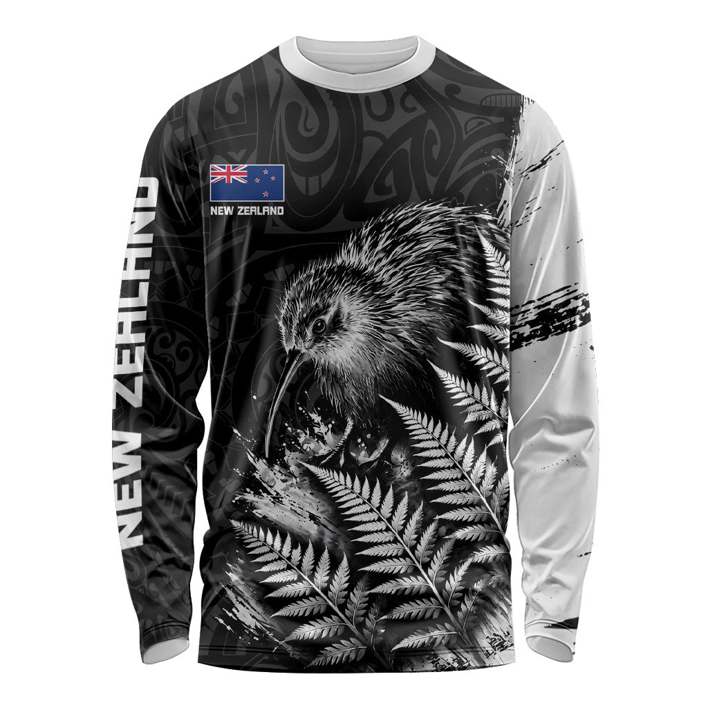 Personalized New Zealand Kiwi Bird Long Sleeve Shirt Grunge Maori Tribal Pattern Silver Fern TS04 Unisex Black White - Polynesian Pride