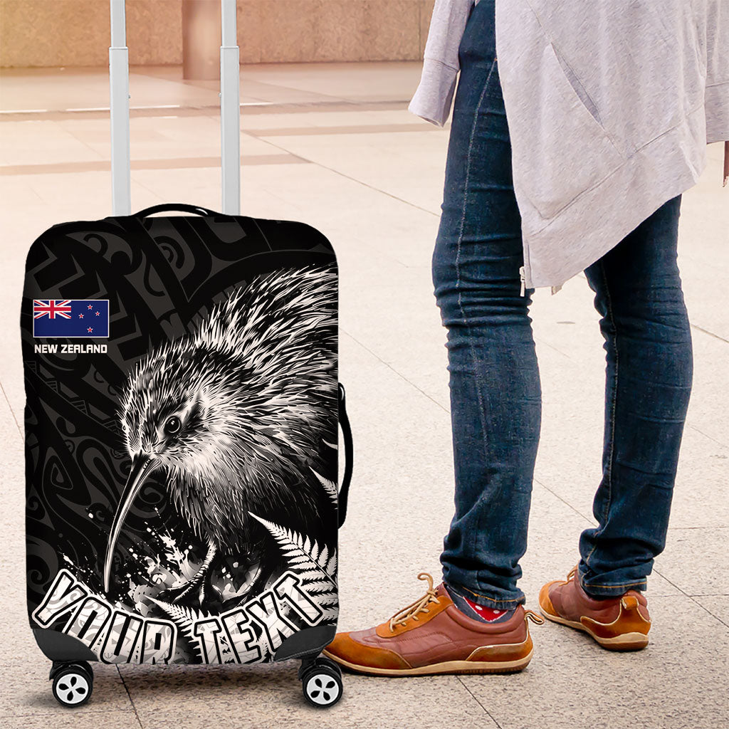 Personalized New Zealand Kiwi Bird Luggage Cover Grunge Maori Tribal Pattern Silver Fern TS04 Black White - Polynesian Pride