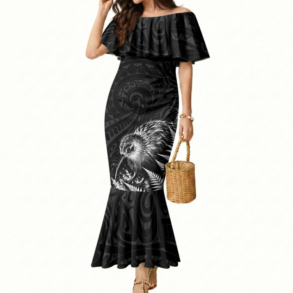 Personalized New Zealand Kiwi Bird Mermaid Dress Grunge Maori Tribal Pattern Silver Fern TS04 Women Black White - Polynesian Pride