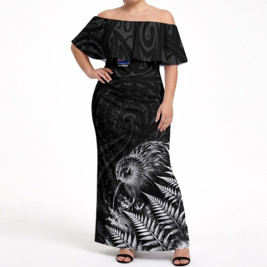 Personalized New Zealand Kiwi Bird Off Shoulder Maxi Dress Grunge Maori Tribal Pattern Silver Fern TS04 Women Black White - Polynesian Pride