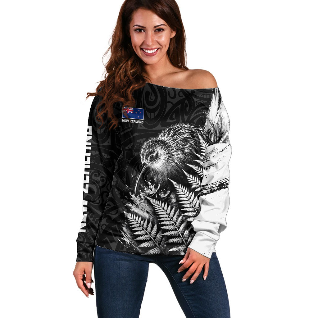 Personalized New Zealand Kiwi Bird Off Shoulder Sweater Grunge Maori Tribal Pattern Silver Fern TS04 Women Black White - Polynesian Pride