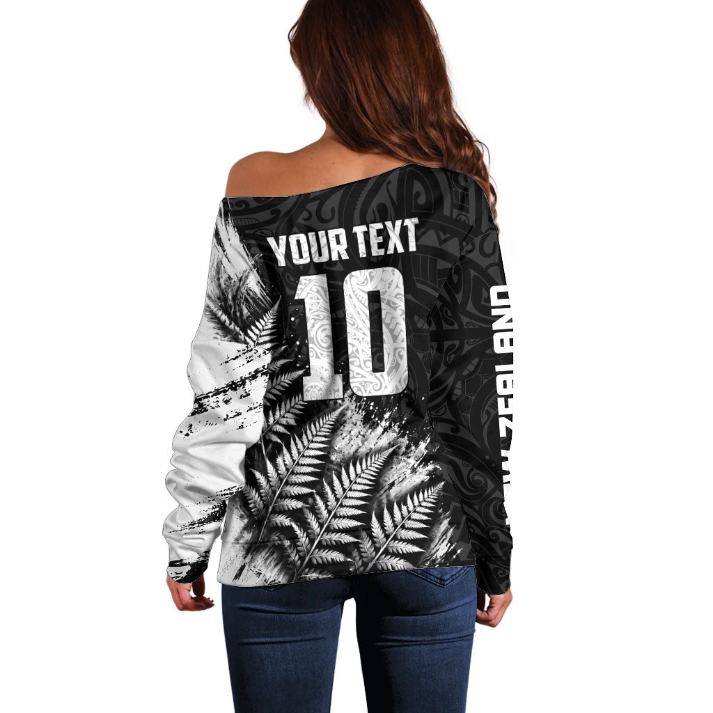 Personalized New Zealand Kiwi Bird Off Shoulder Sweater Grunge Maori Tribal Pattern Silver Fern
