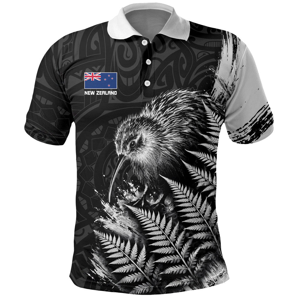 Personalized New Zealand Kiwi Bird Polo Shirt Grunge Maori Tribal Pattern Silver Fern TS04 Black White - Polynesian Pride