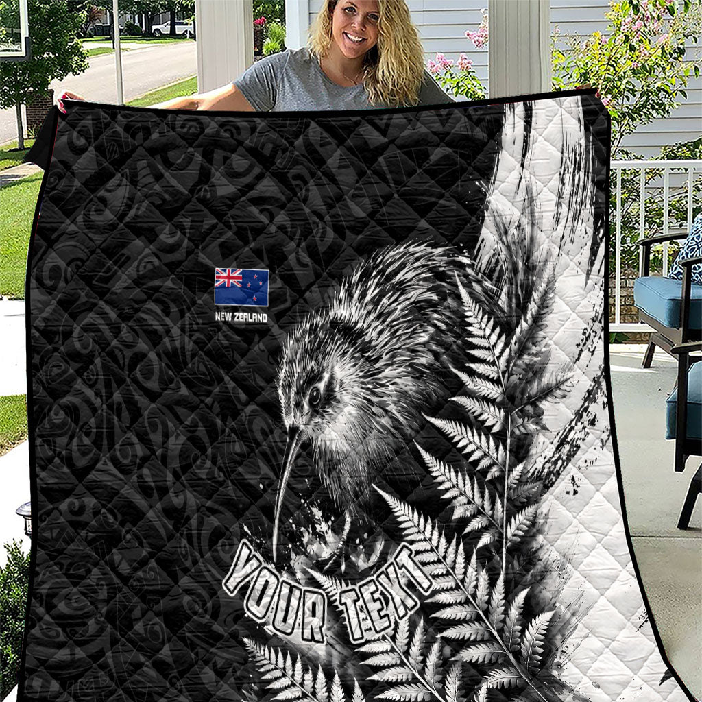 Personalized New Zealand Kiwi Bird Quilt Grunge Maori Tribal Pattern Silver Fern TS04 Black White - Polynesian Pride
