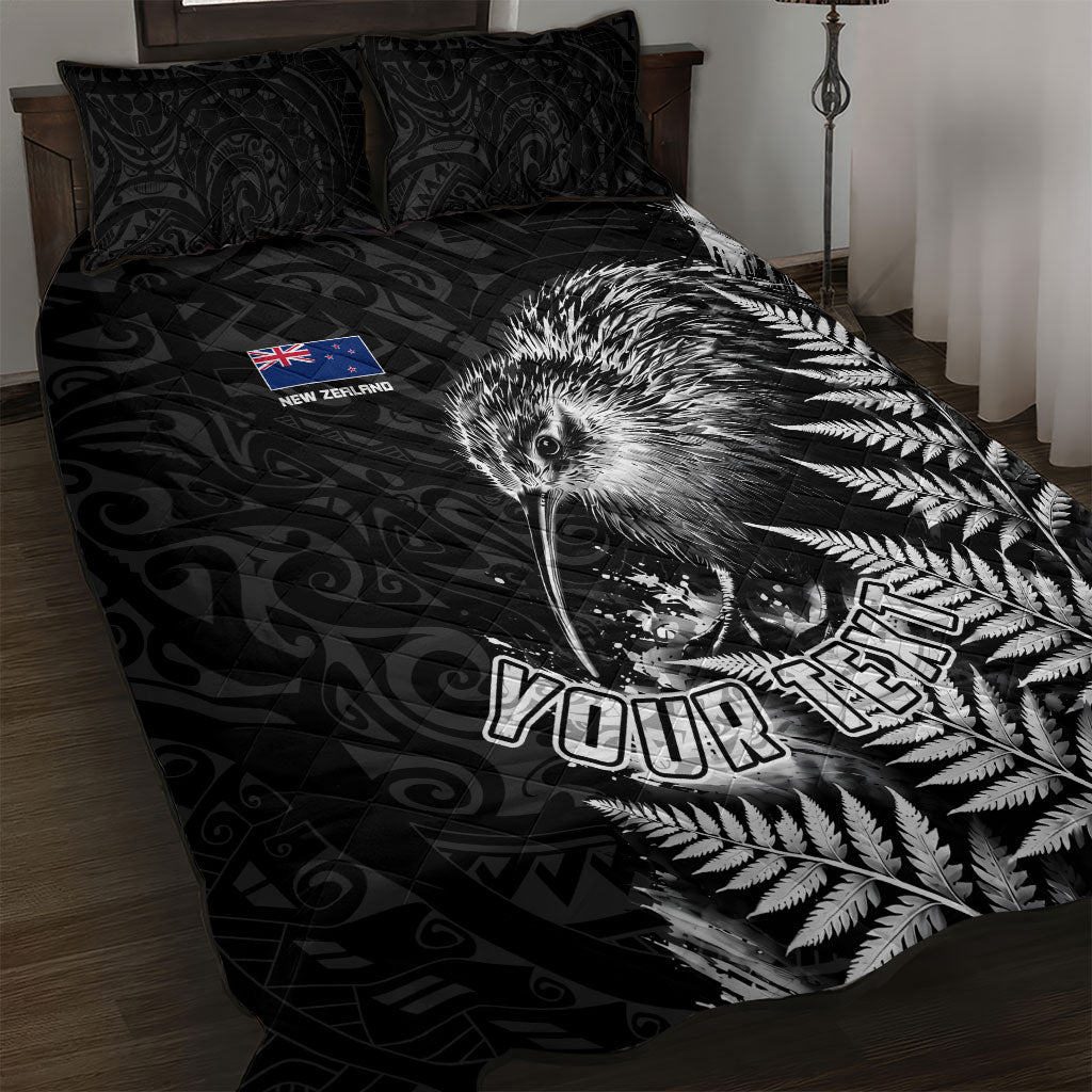 Personalized New Zealand Kiwi Bird Quilt Bed Set Grunge Maori Tribal Pattern Silver Fern TS04 Black White - Polynesian Pride