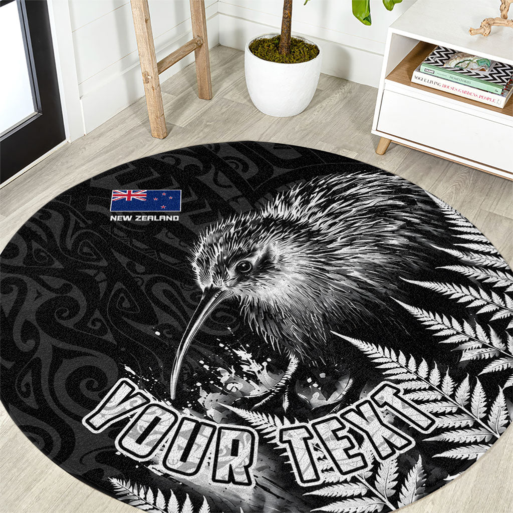 Personalized New Zealand Kiwi Bird Round Carpet Grunge Maori Tribal Pattern Silver Fern TS04 Black White - Polynesian Pride
