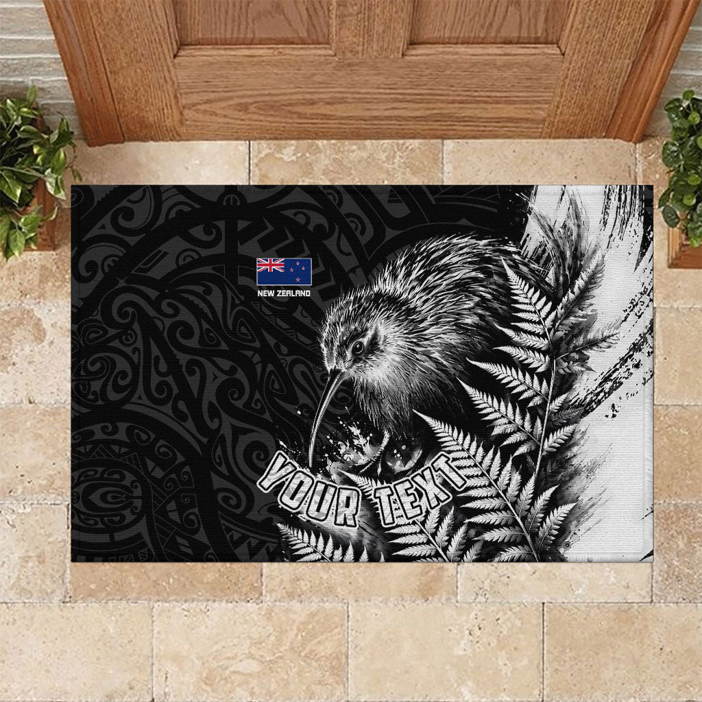 Personalized New Zealand Kiwi Bird Rubber Doormat Grunge Maori Tribal Pattern Silver Fern TS04 Black White - Polynesian Pride