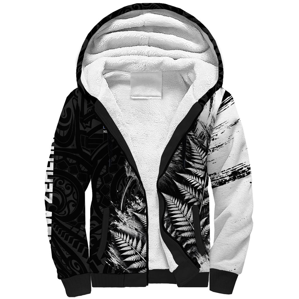 Personalized New Zealand Kiwi Bird Sherpa Hoodie Grunge Maori Tribal Pattern Silver Fern TS04 Unisex Black White - Polynesian Pride