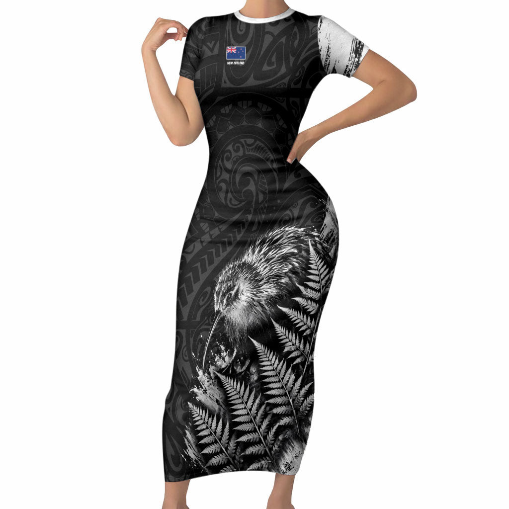 Personalized New Zealand Kiwi Bird Short Sleeve Bodycon Dress Grunge Maori Tribal Pattern Silver Fern TS04 Long Dress Black White - Polynesian Pride