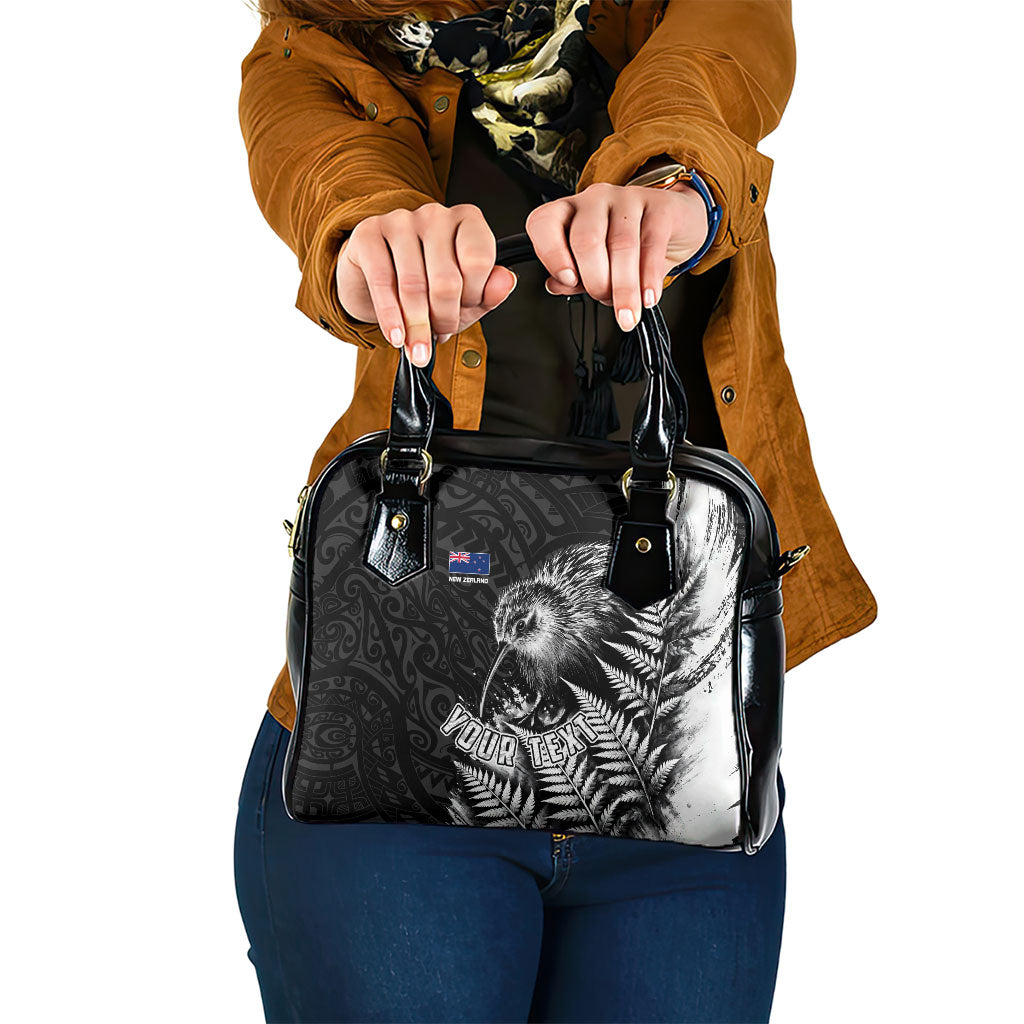 Personalized New Zealand Kiwi Bird Shoulder Handbag Grunge Maori Tribal Pattern Silver Fern TS04 One Size Black White - Polynesian Pride