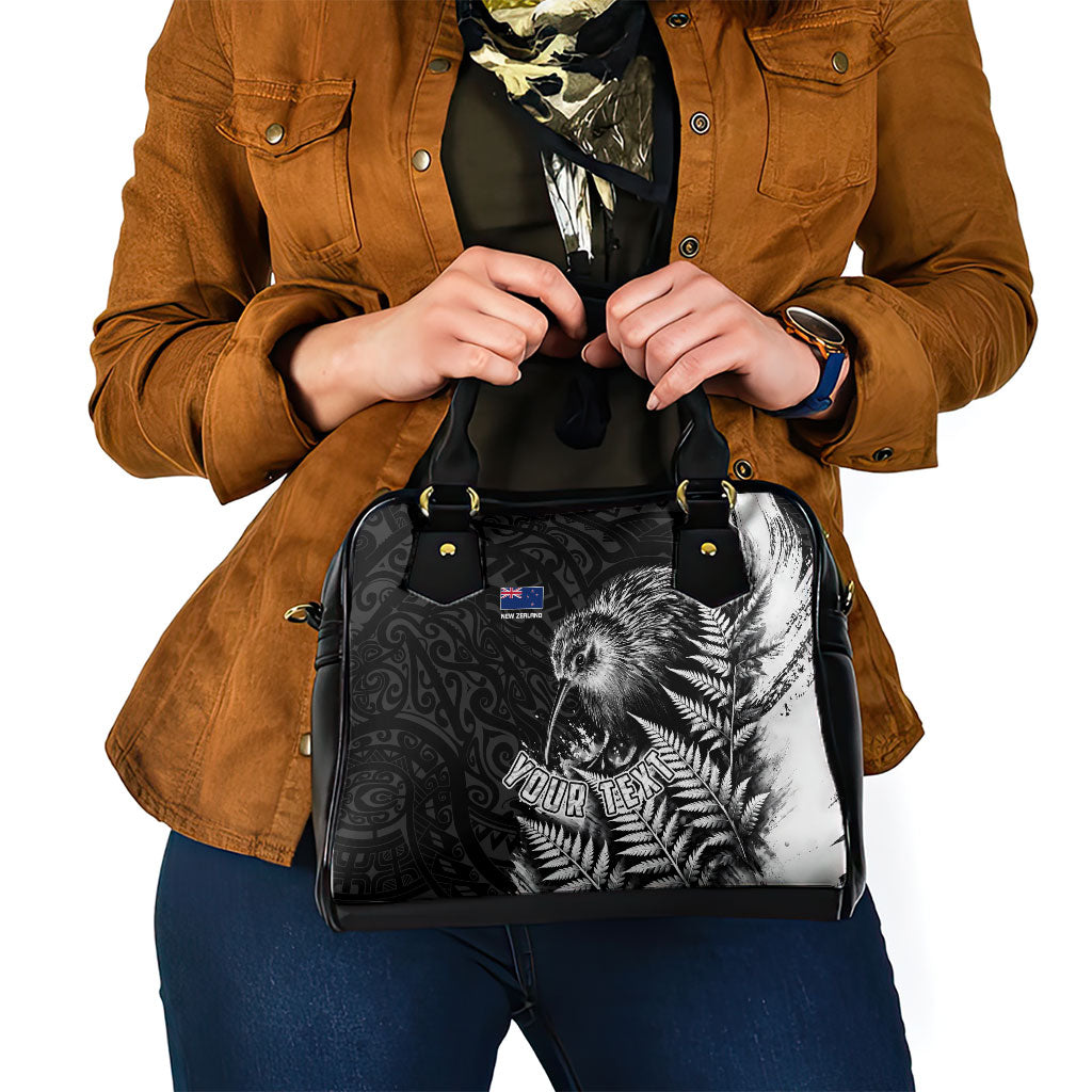 Personalized New Zealand Kiwi Bird Shoulder Handbag Grunge Maori Tribal Pattern Silver Fern