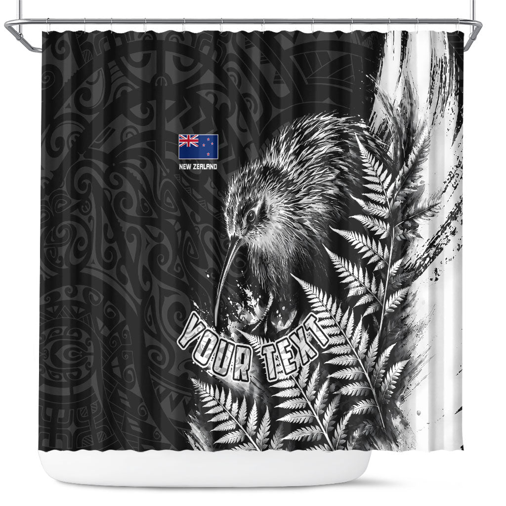 Personalized New Zealand Kiwi Bird Shower Curtain Grunge Maori Tribal Pattern Silver Fern TS04 Black White - Polynesian Pride