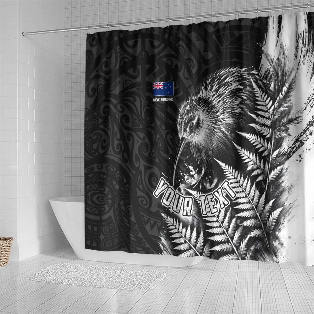 Personalized New Zealand Kiwi Bird Shower Curtain Grunge Maori Tribal Pattern Silver Fern