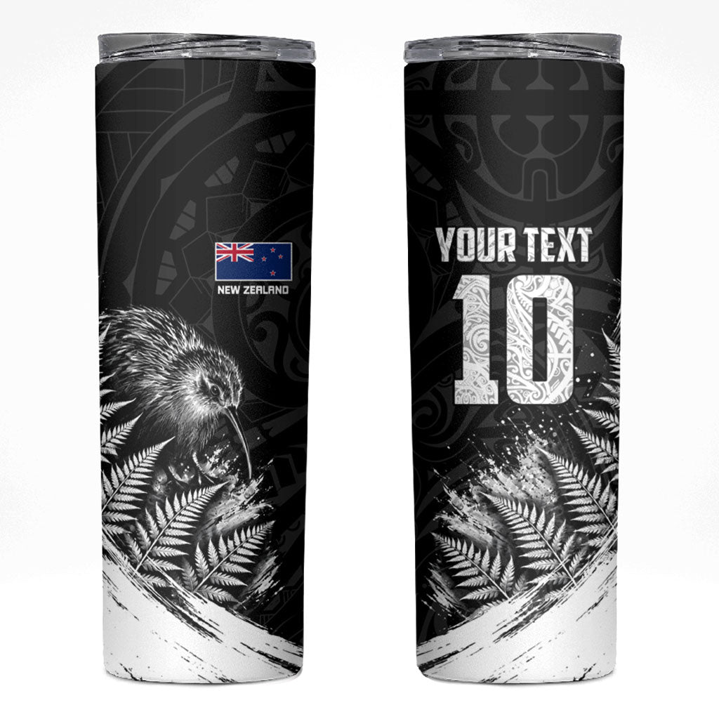 Personalized New Zealand Kiwi Bird Skinny Tumbler Grunge Maori Tribal Pattern Silver Fern TS04 Black White - Polynesian Pride
