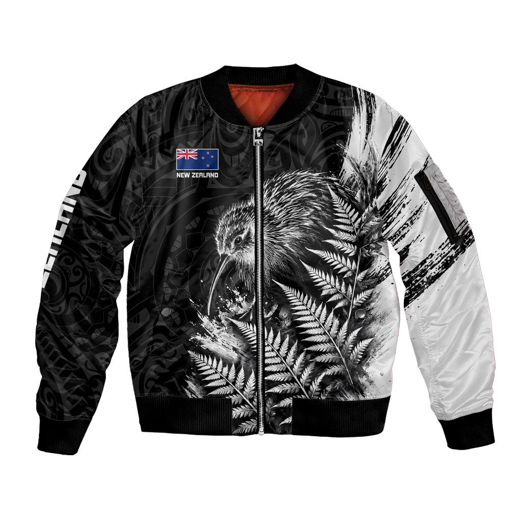 Personalized New Zealand Kiwi Bird Sleeve Zip Bomber Jacket Grunge Maori Tribal Pattern Silver Fern TS04 Unisex Black White - Polynesian Pride