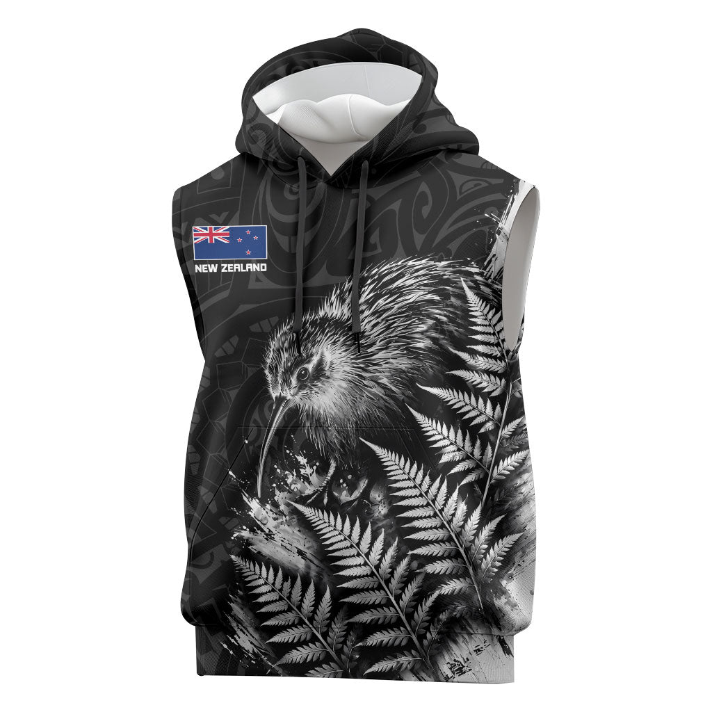 Personalized New Zealand Kiwi Bird Sleeveless Hoodie Grunge Maori Tribal Pattern Silver Fern TS04 Black White - Polynesian Pride