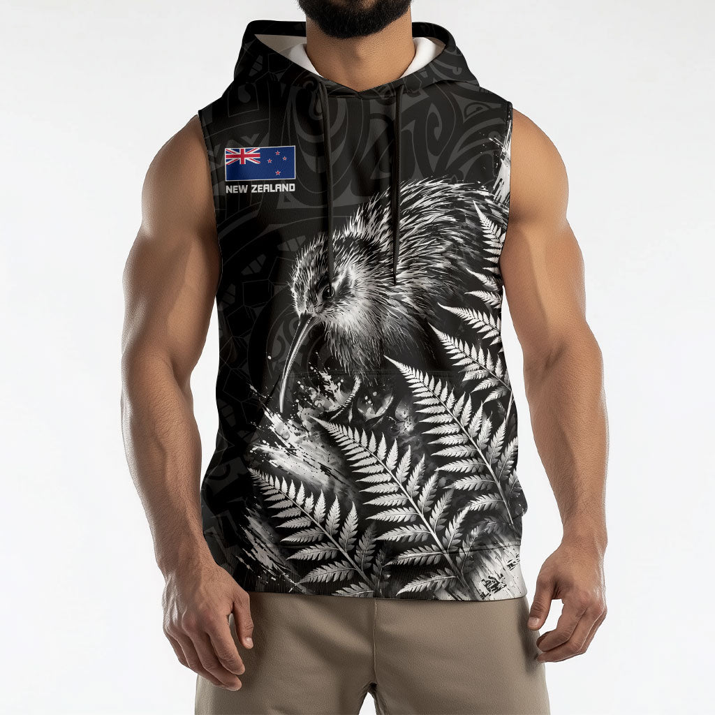 Personalized New Zealand Kiwi Bird Sleeveless Hoodie Grunge Maori Tribal Pattern Silver Fern