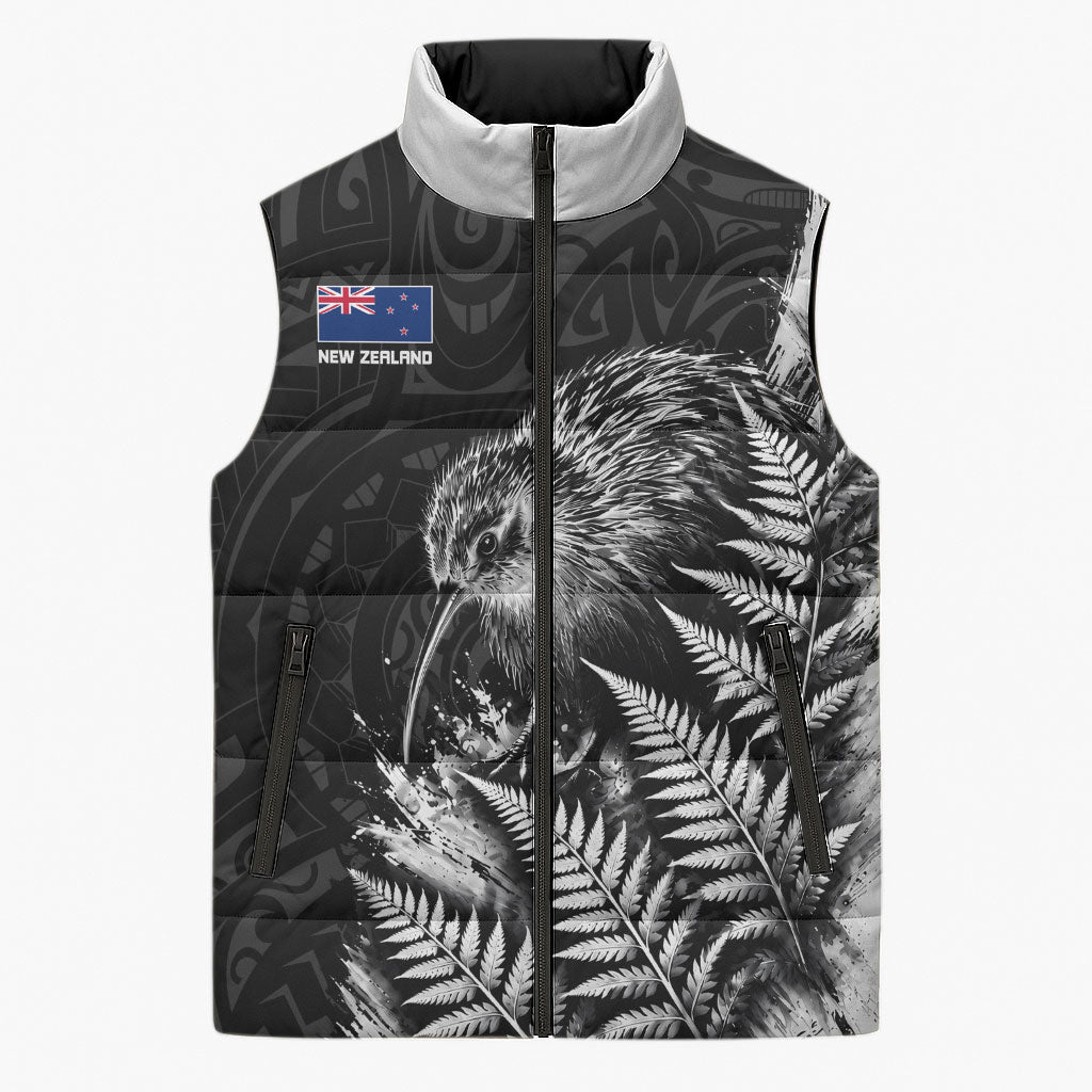 Personalized New Zealand Kiwi Bird Sleeveless Puffer Jacket Grunge Maori Tribal Pattern Silver Fern TS04 Unisex Black White - Polynesian Pride